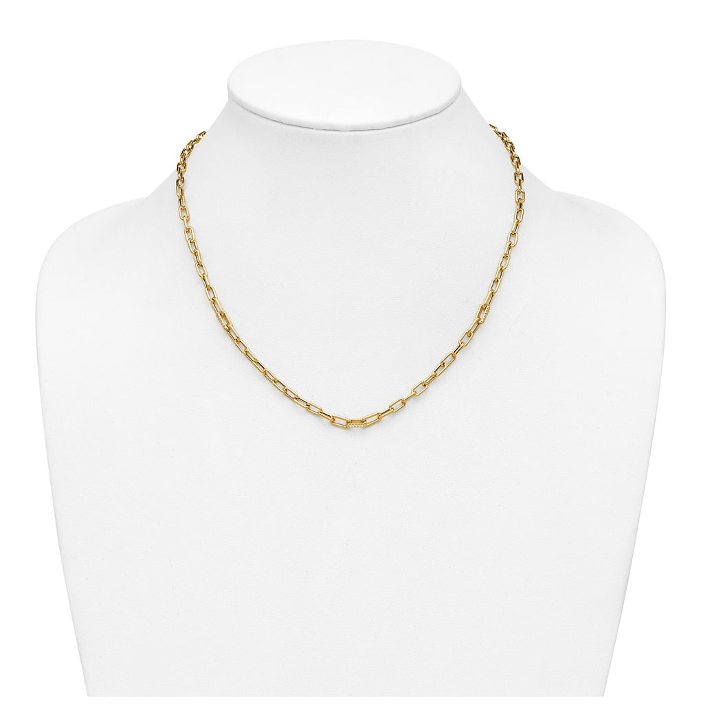14k Yellow Gold Polished Cubic Zirconia Fancy Paperclip Link Necklace