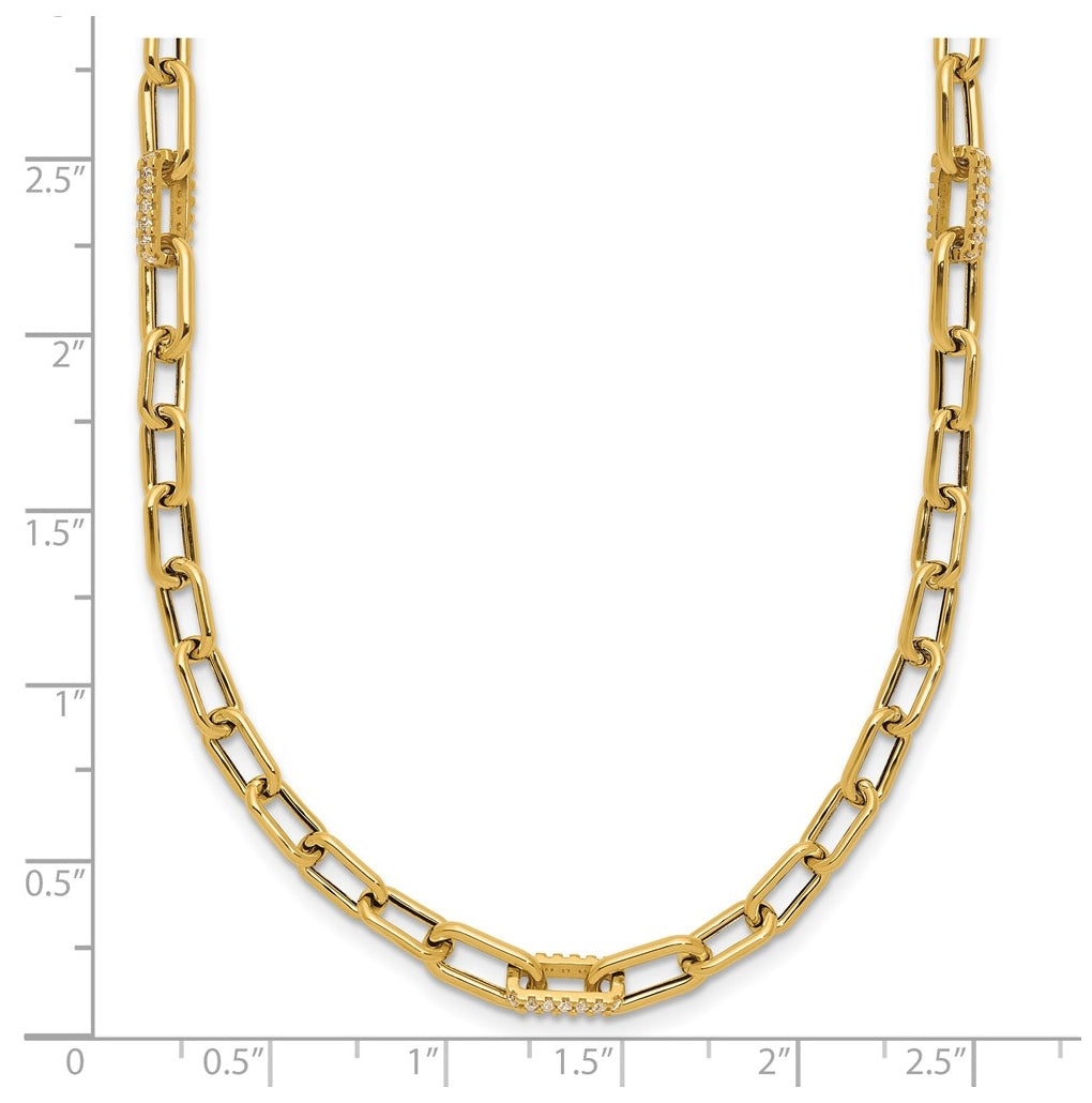 14k Yellow Gold Polished Cubic Zirconia Fancy Paperclip Link Necklace
