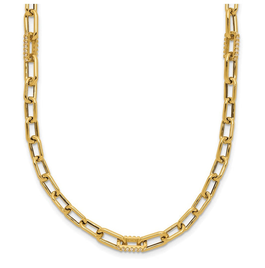 14k Yellow Gold Polished Cubic Zirconia Fancy Paperclip Link Necklace