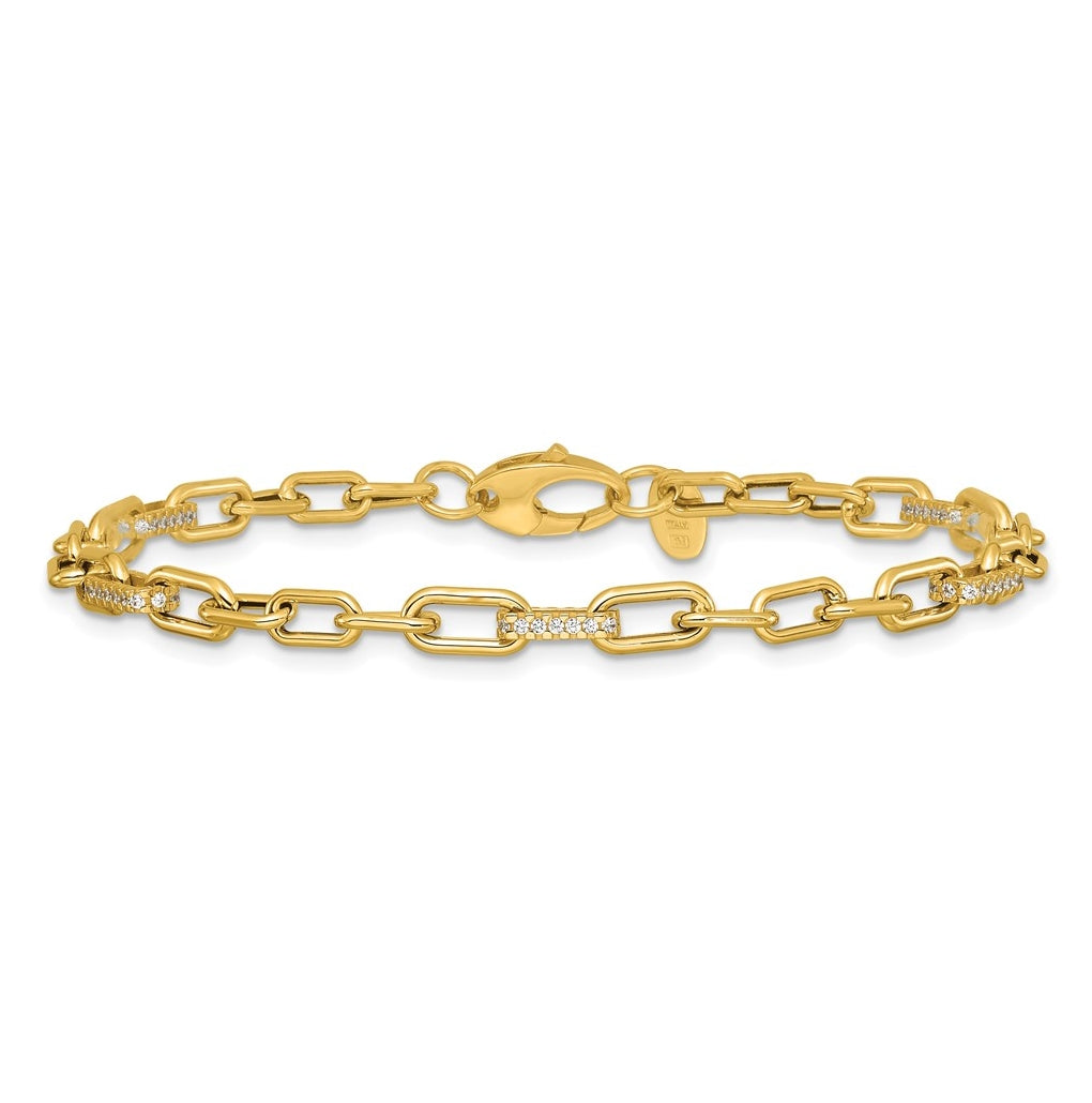 14k Yellow Gold Polished Cubic Zirconia Fancy Paperclip Link Bracelet