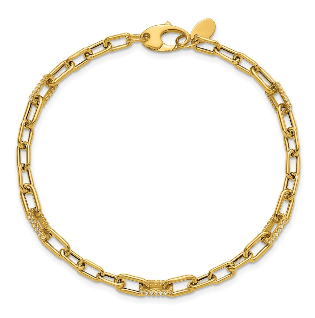 14k Yellow Gold Polished Cubic Zirconia Fancy Paperclip Link Bracelet