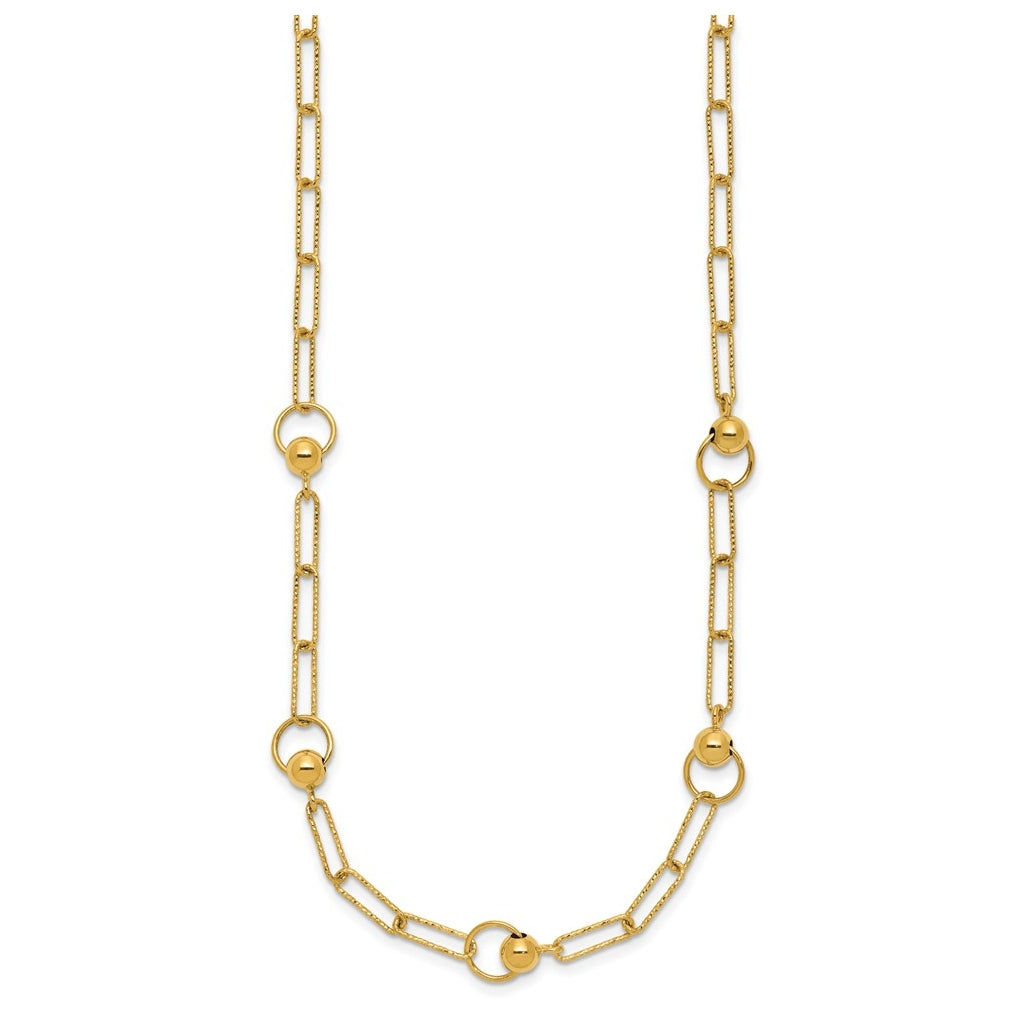14k Yellow Gold Polished and Dia-cut. Circle Station Paperclip Necklace