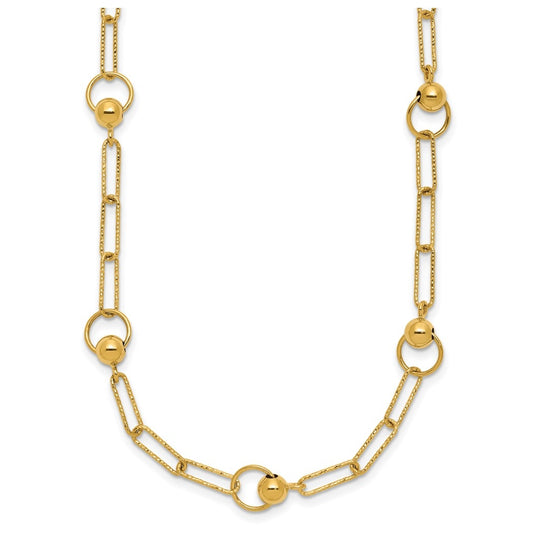 14k Yellow Gold Polished and Dia-cut. Circle Station Paperclip Necklace