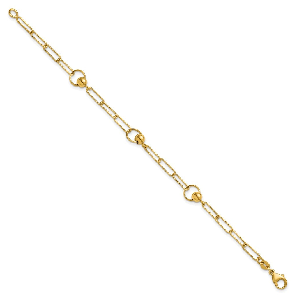 14k Yellow Gold Polished and Dia-cut. Circle Station Paperclip Bracelet