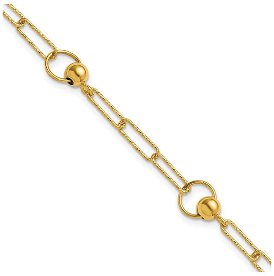 14k Yellow Gold Polished and Dia-cut. Circle Station Paperclip Bracelet