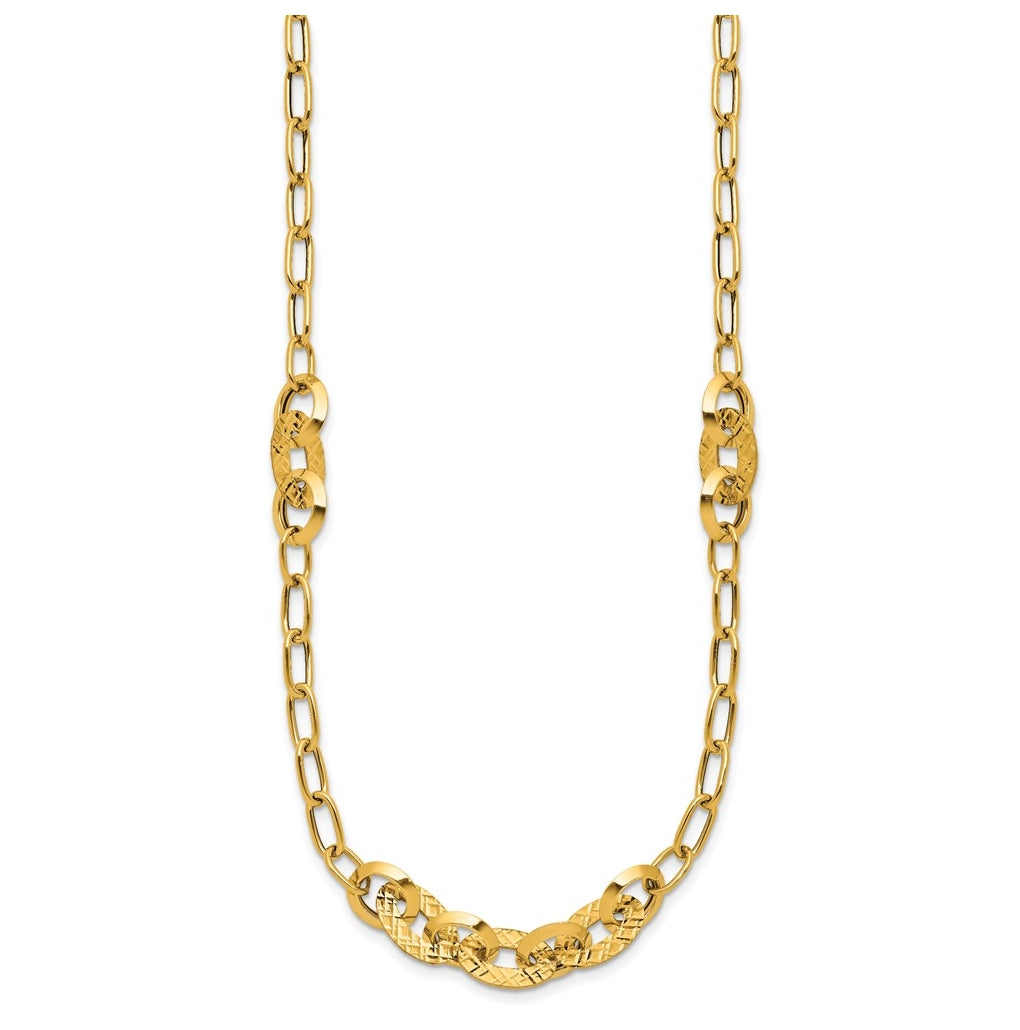 14k Yellow Gold Polished and Diamond-cut Fancy Oval Link Necklace