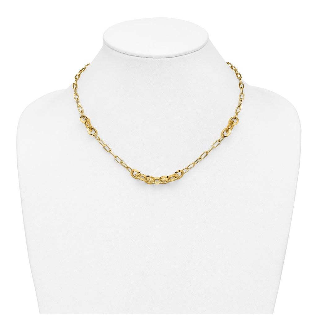 14k Yellow Gold Polished and Diamond-cut Fancy Oval Link Necklace