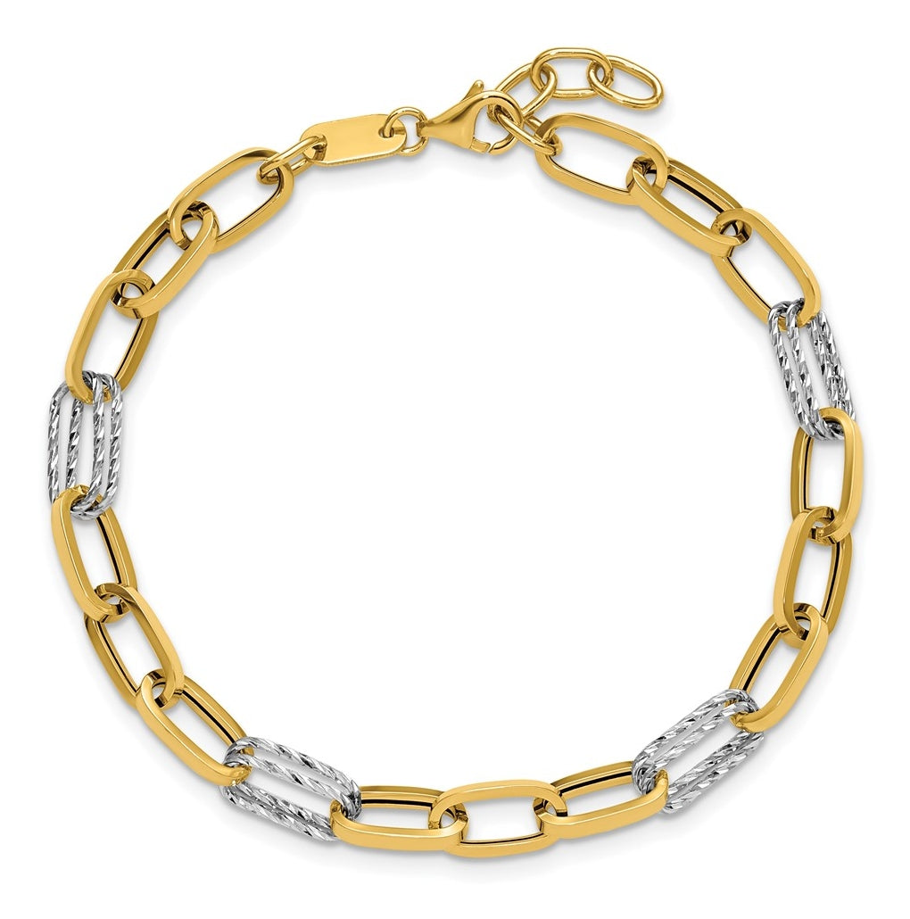14K Two-tone Polished / Dia-cut Fancy Link w/.5in ext. Bracelet