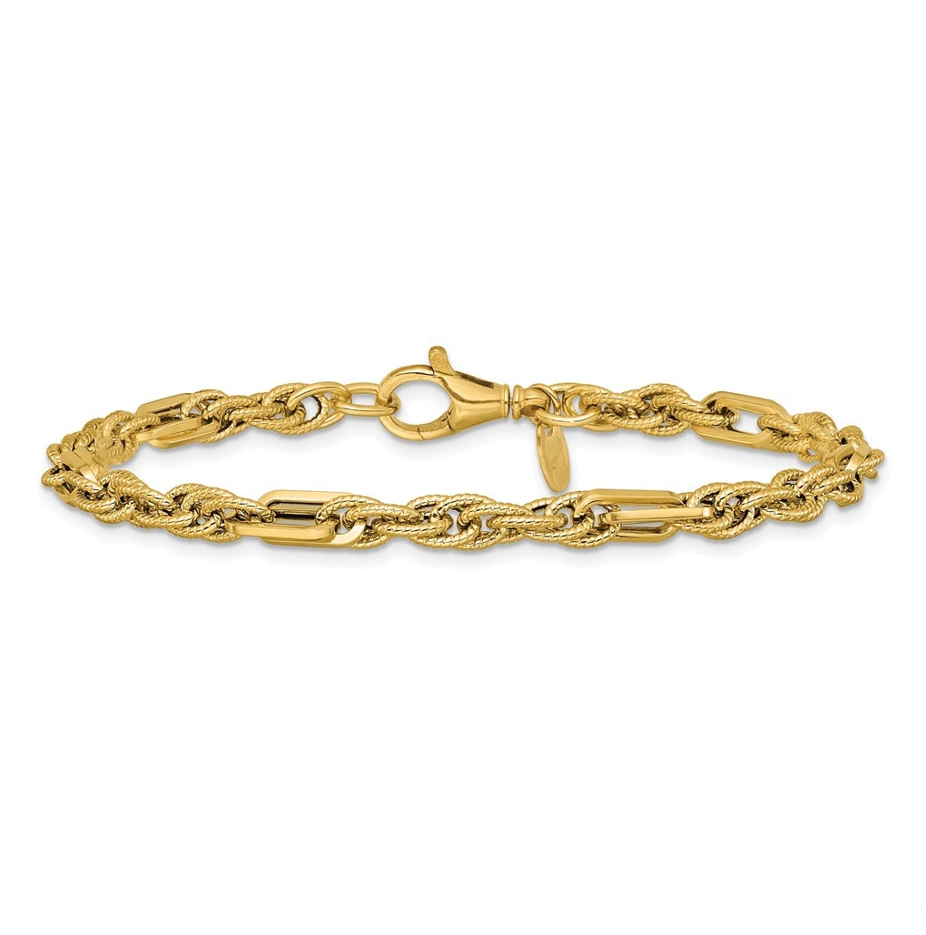 14k Yellow Gold 4.5mm Polished and Textured Fancy Link 7.5 in Bracelet