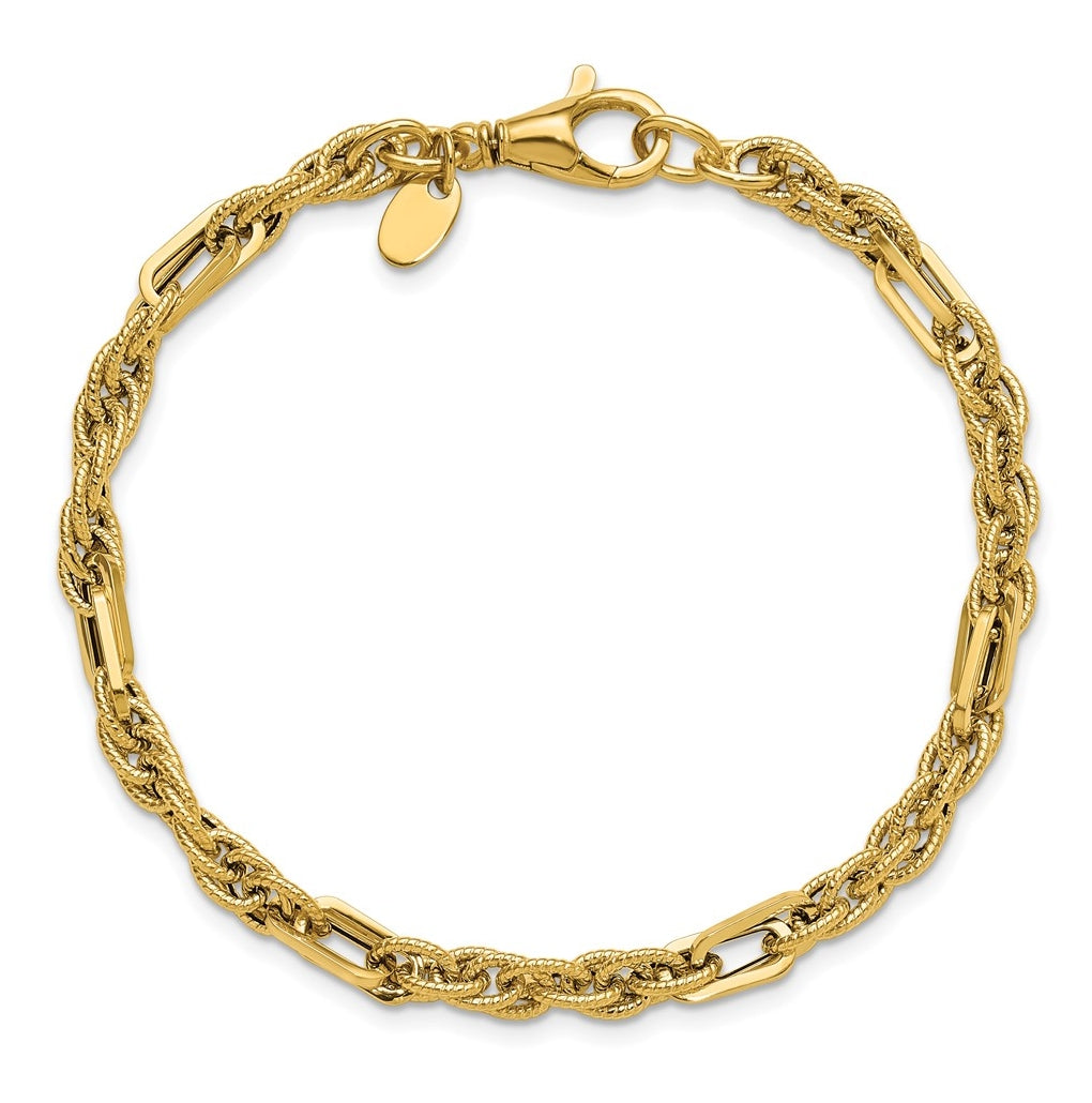 14k Yellow Gold 4.5mm Polished and Textured Fancy Link 7.5 in Bracelet