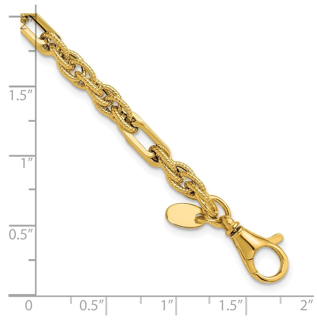 14k Yellow Gold 4.5mm Polished and Textured Fancy Link 7.5 in Bracelet
