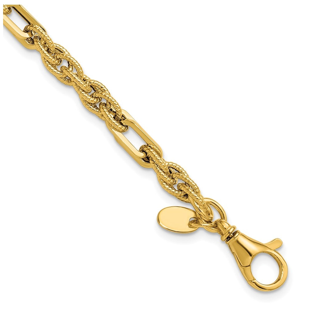 14k Yellow Gold 4.5mm Polished and Textured Fancy Link 7.5 in Bracelet