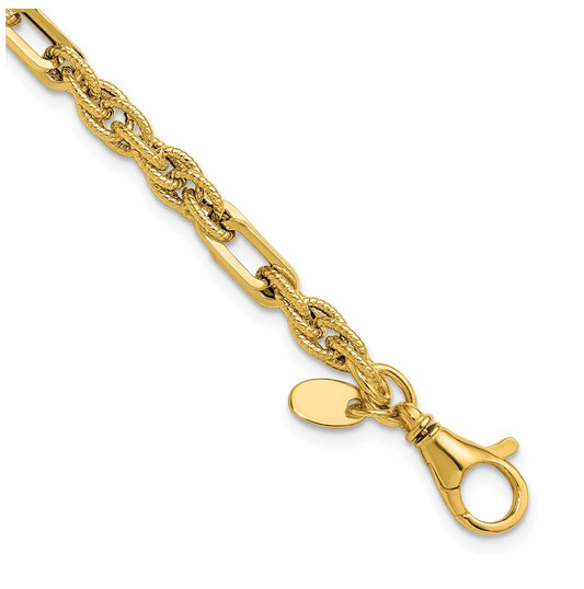 14k Yellow Gold 4.5mm Polished and Textured Fancy Link 7.5 in Bracelet