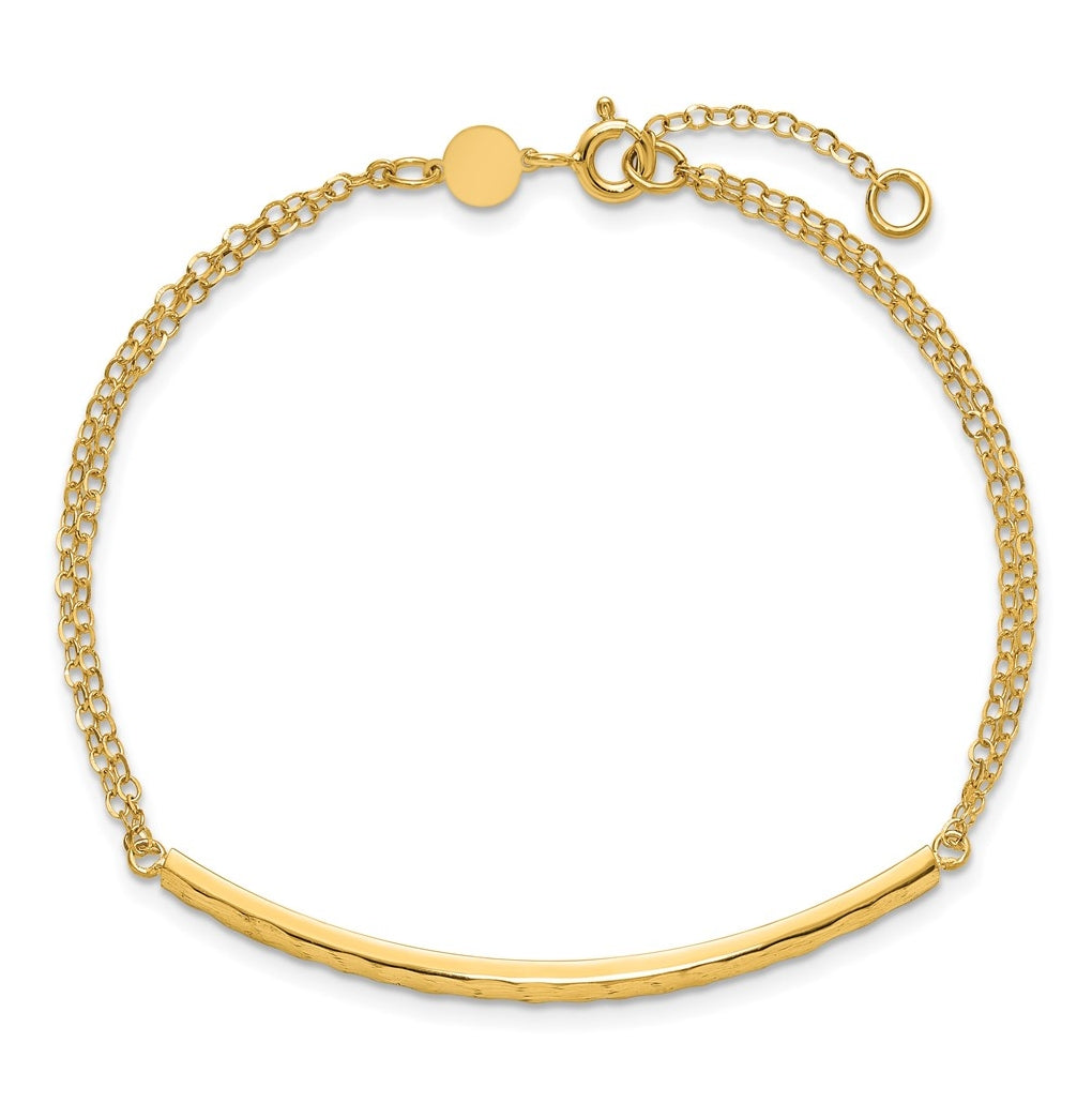 14k Yellow Gold Polished / Diamond-cut Bar Double Chain w/.75in ext. Bracelet