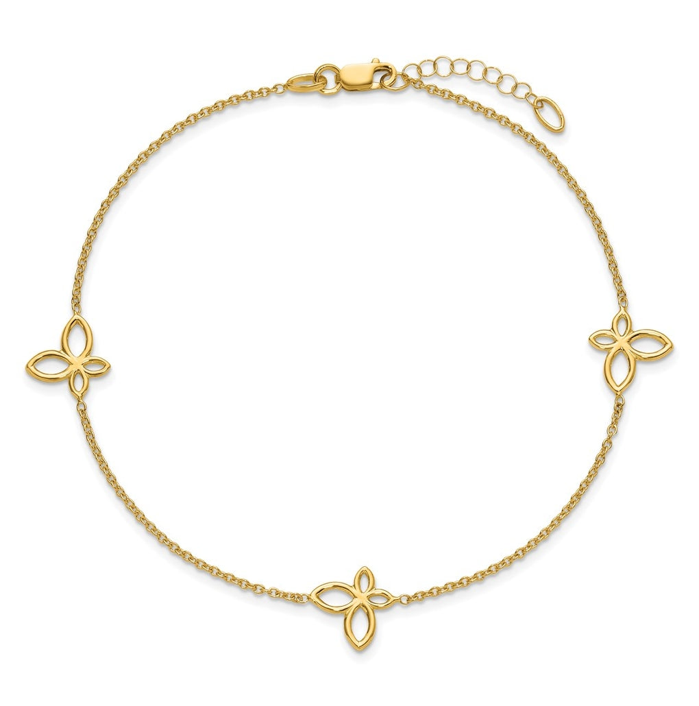 14K Open Butterfly 3-Station 9 inch Plus 1 inch Extender - Total 10 inch Anklet