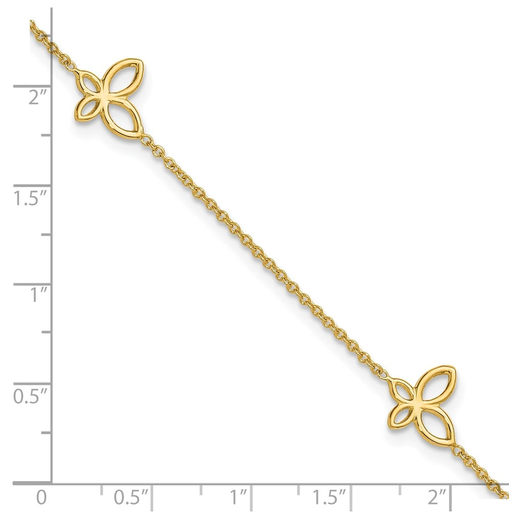 14K Open Butterfly 3-Station 9 inch Plus 1 inch Extender - Total 10 inch Anklet
