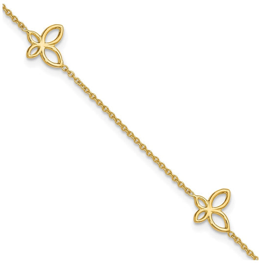 14K Open Butterfly 3-Station 9 inch Plus 1 inch Extender - Total 10 inch Anklet