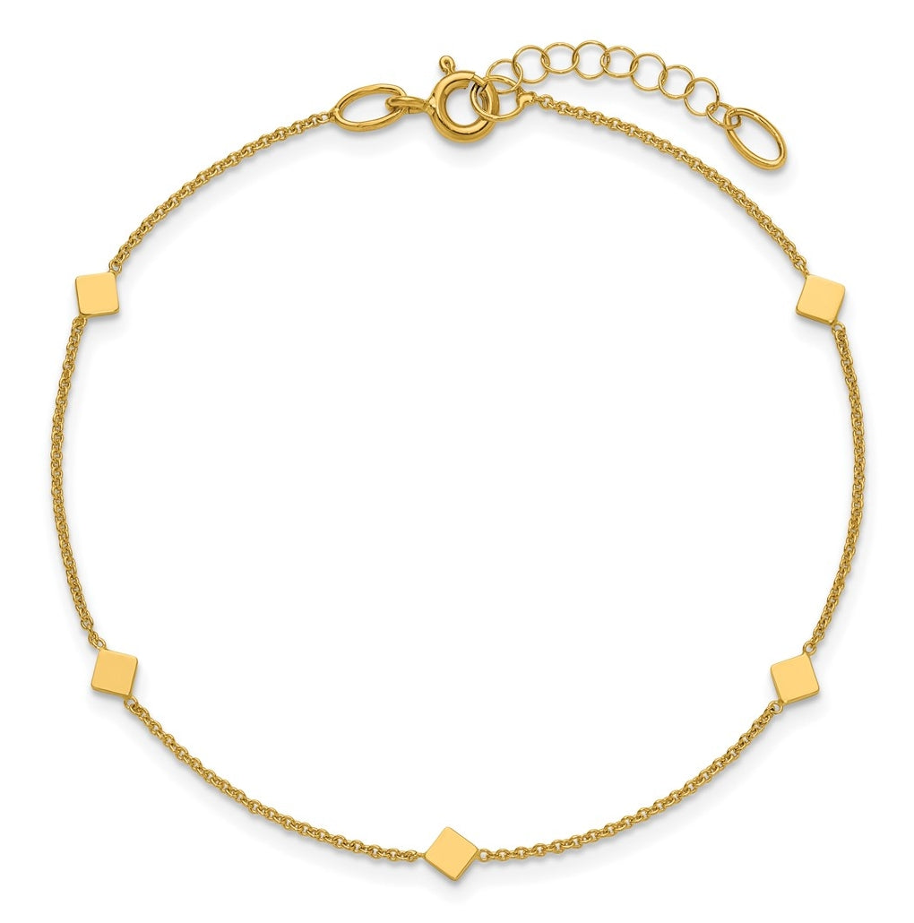 14k Yellow Gold Polished Diamond-shaped Disk Station w/1in ext. Bracelet