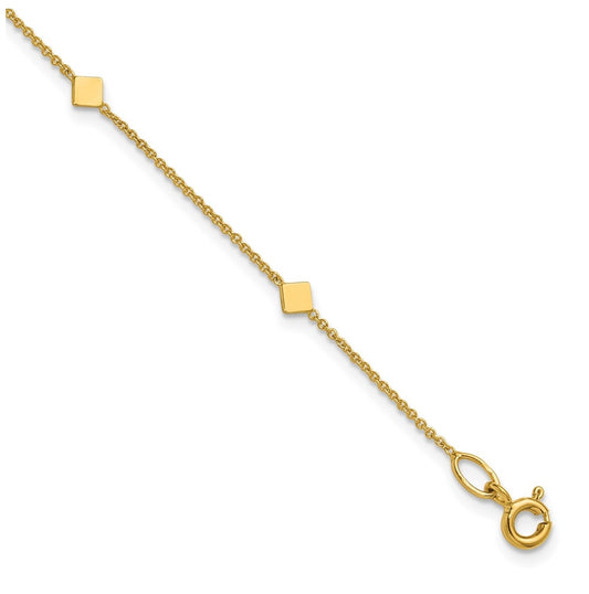 14k Yellow Gold Polished Diamond-shaped Disk Station w/1in ext. Bracelet