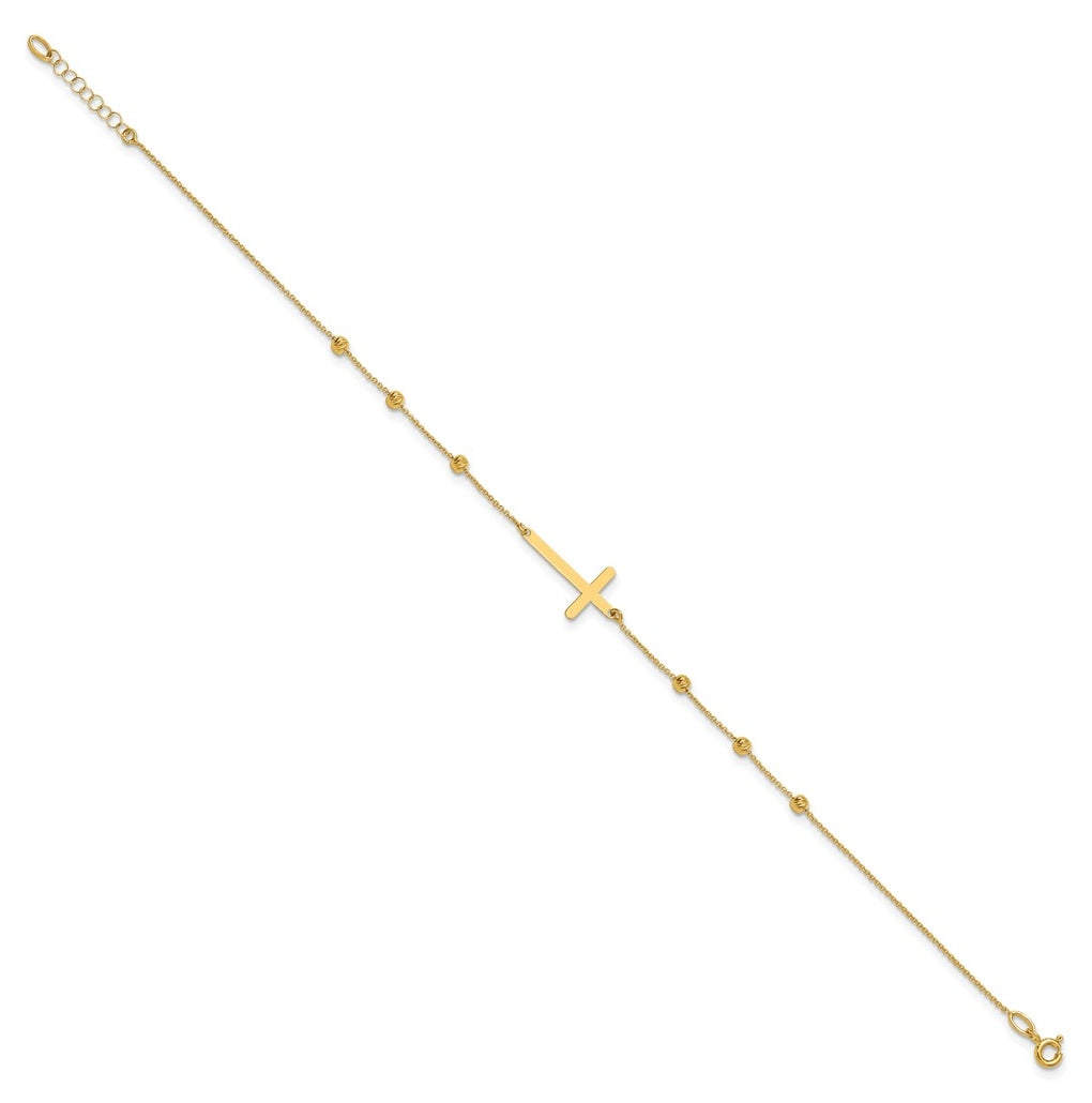 14K Cross and Diamond-cut Beads 9 inch Plus 1 inch Extender - Total 10 inch Anklet
