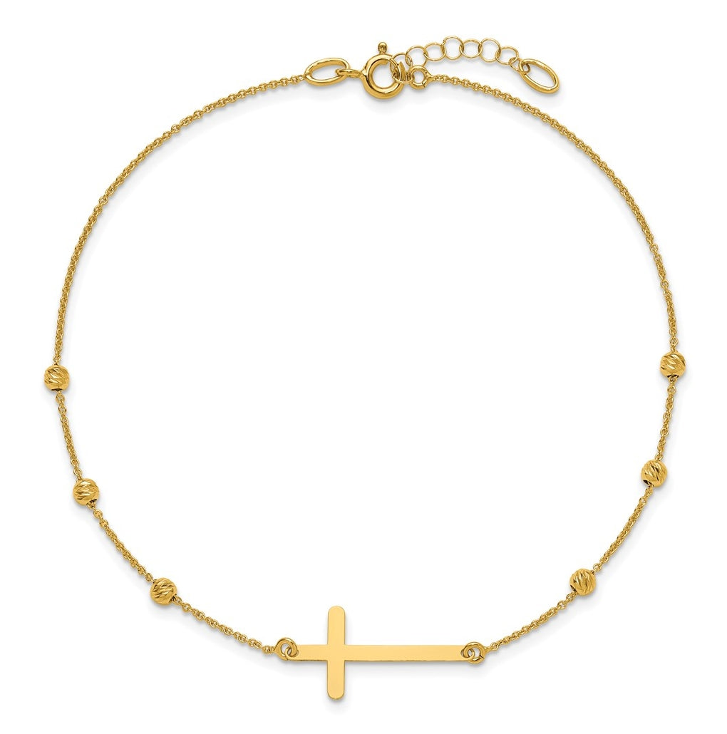 14K Cross and Diamond-cut Beads 9 inch Plus 1 inch Extender - Total 10 inch Anklet