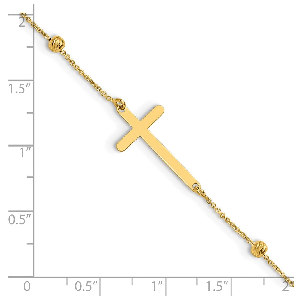 14K Cross and Diamond-cut Beads 9 inch Plus 1 inch Extender - Total 10 inch Anklet