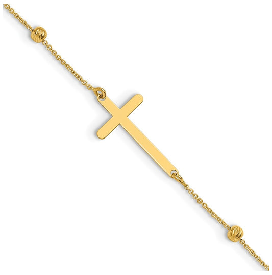 14K Cross and Diamond-cut Beads 9 inch Plus 1 inch Extender - Total 10 inch Anklet