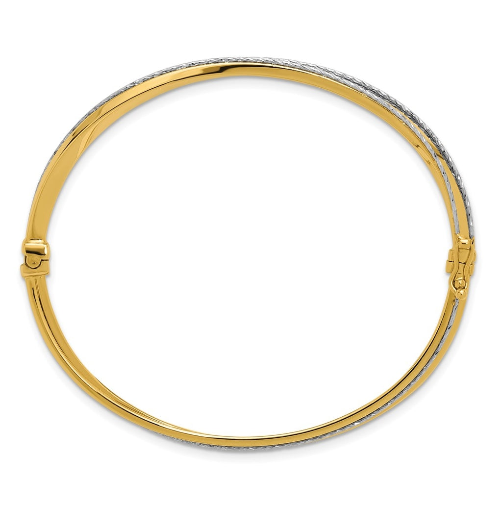 14k Yellow Gold w/Rhodium Polished and Diamond-Cut Hinged Bangle