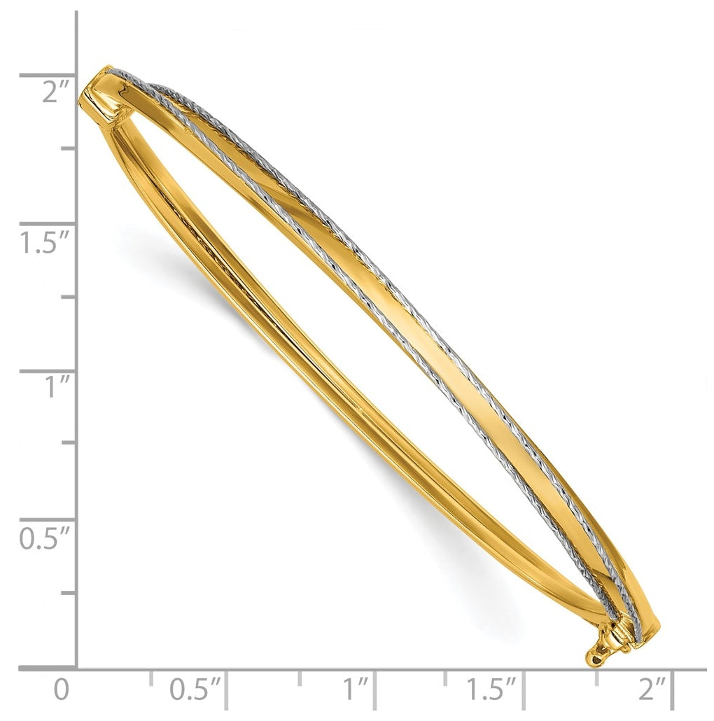 14k Yellow Gold w/Rhodium Polished and Diamond-Cut Hinged Bangle