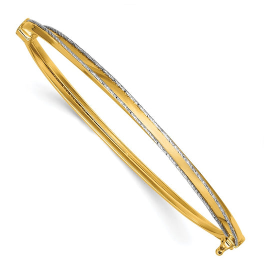 14k Yellow Gold w/Rhodium Polished and Diamond-Cut Hinged Bangle