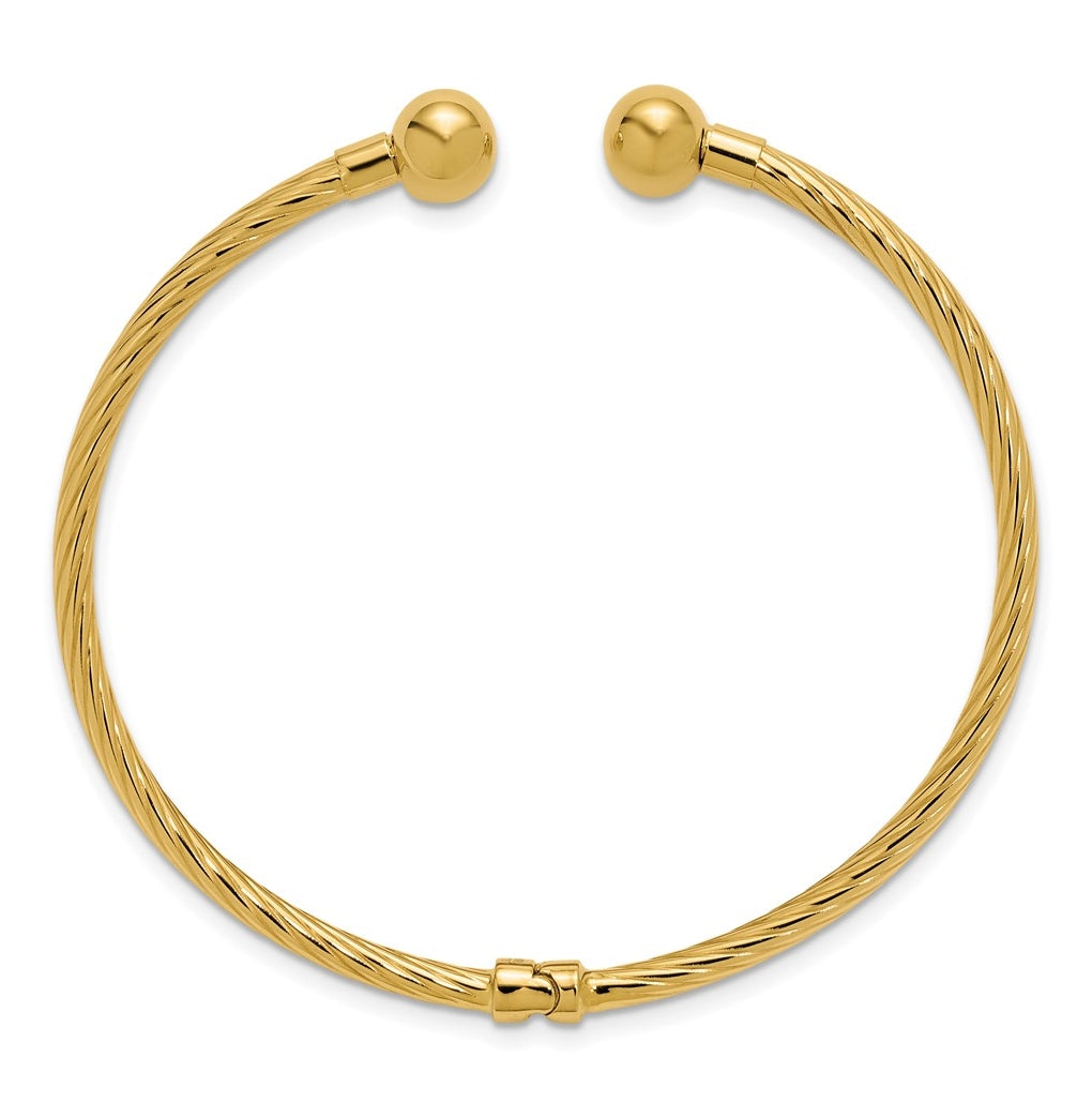 14k Yellow Gold Polished and Twisted w/ Beads Hinged Cuff Bangle