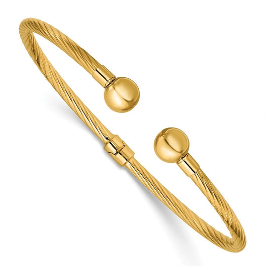 14k Yellow Gold Polished and Twisted w/ Beads Hinged Cuff Bangle