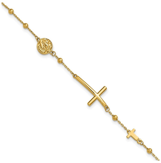14k Yellow Gold Polished Cross and Beaded Bracelet
