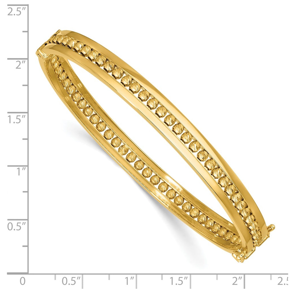 14k Yellow Gold Polished and Diamond-cut Beaded Hinged Bangle