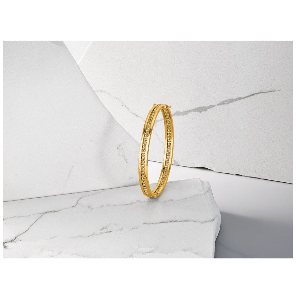 14k Yellow Gold Polished and Diamond-cut Beaded Hinged Bangle