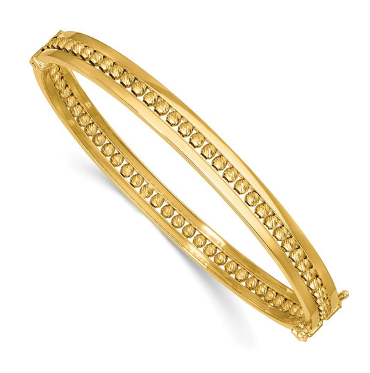 14k Yellow Gold Polished and Diamond-cut Beaded Hinged Bangle