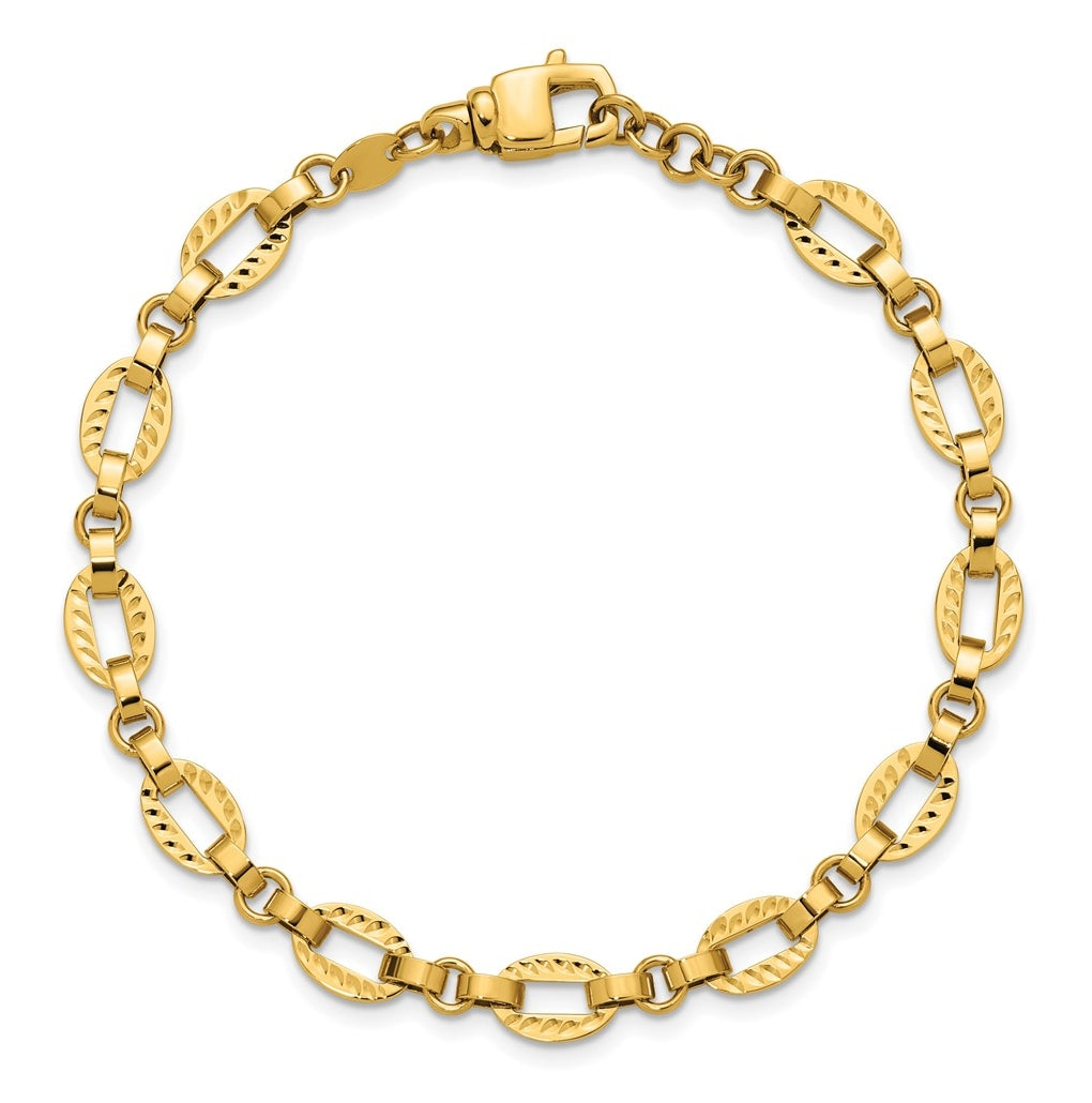 14k Yellow Gold Polished and Diamond-cut Fancy Link w/.5in Ext. Bracelet