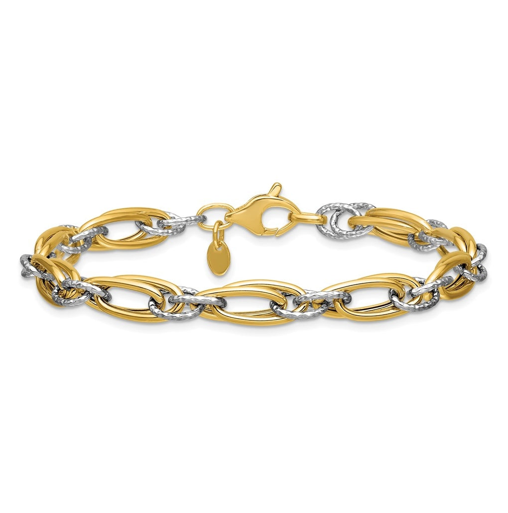 14K Two-tone Polished and Textured Fancy link Bracelet