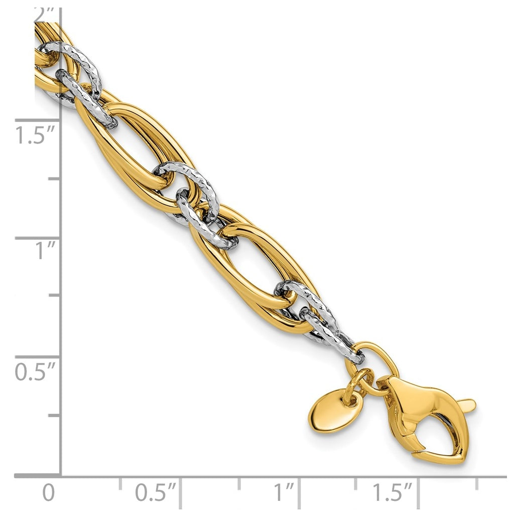 14K Two-tone Polished and Textured Fancy link Bracelet