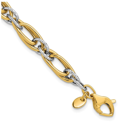 14K Two-tone Polished and Textured Fancy link Bracelet