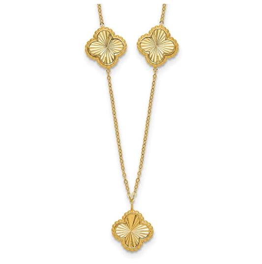 14k Yellow Gold Polished and Diamond-cut Clover Station Necklace