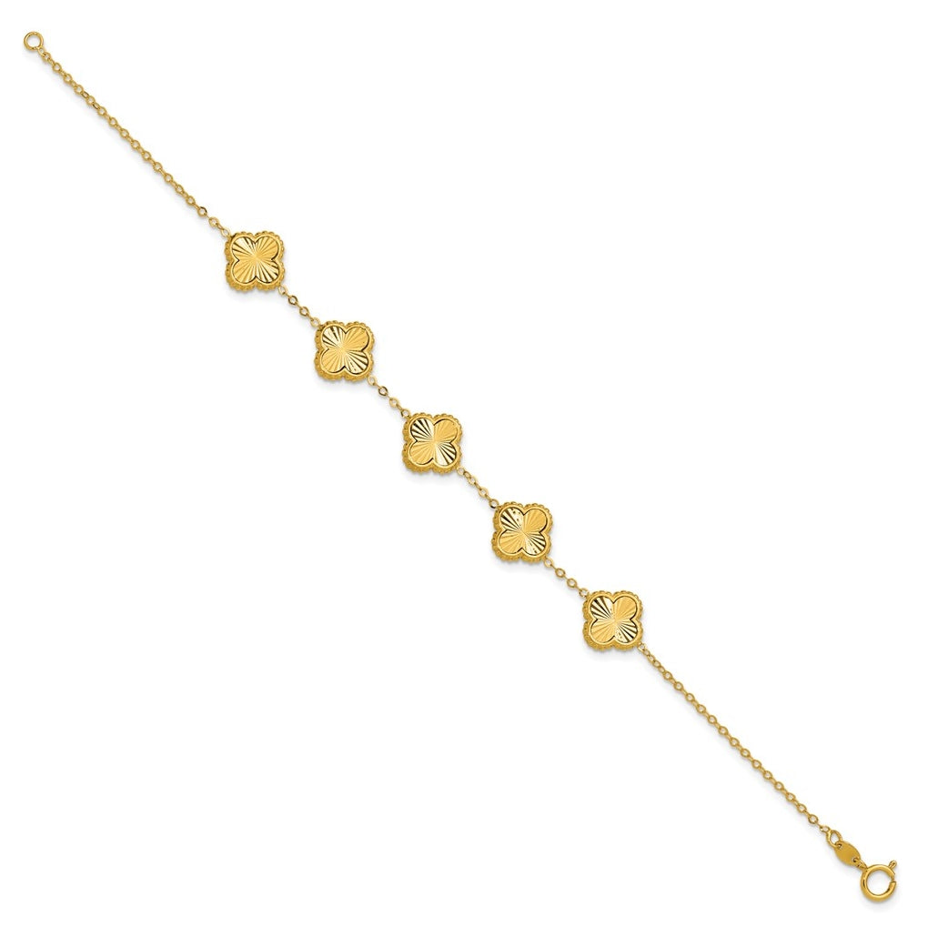 14k Yellow Gold Polished and Diamond-cut Clover Station Bracelet