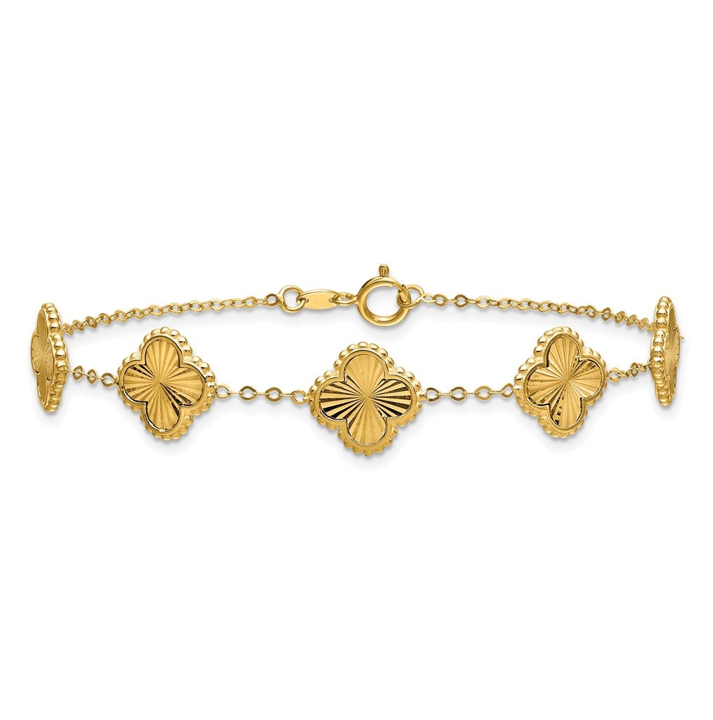 14k Yellow Gold Polished and Diamond-cut Clover Station Bracelet