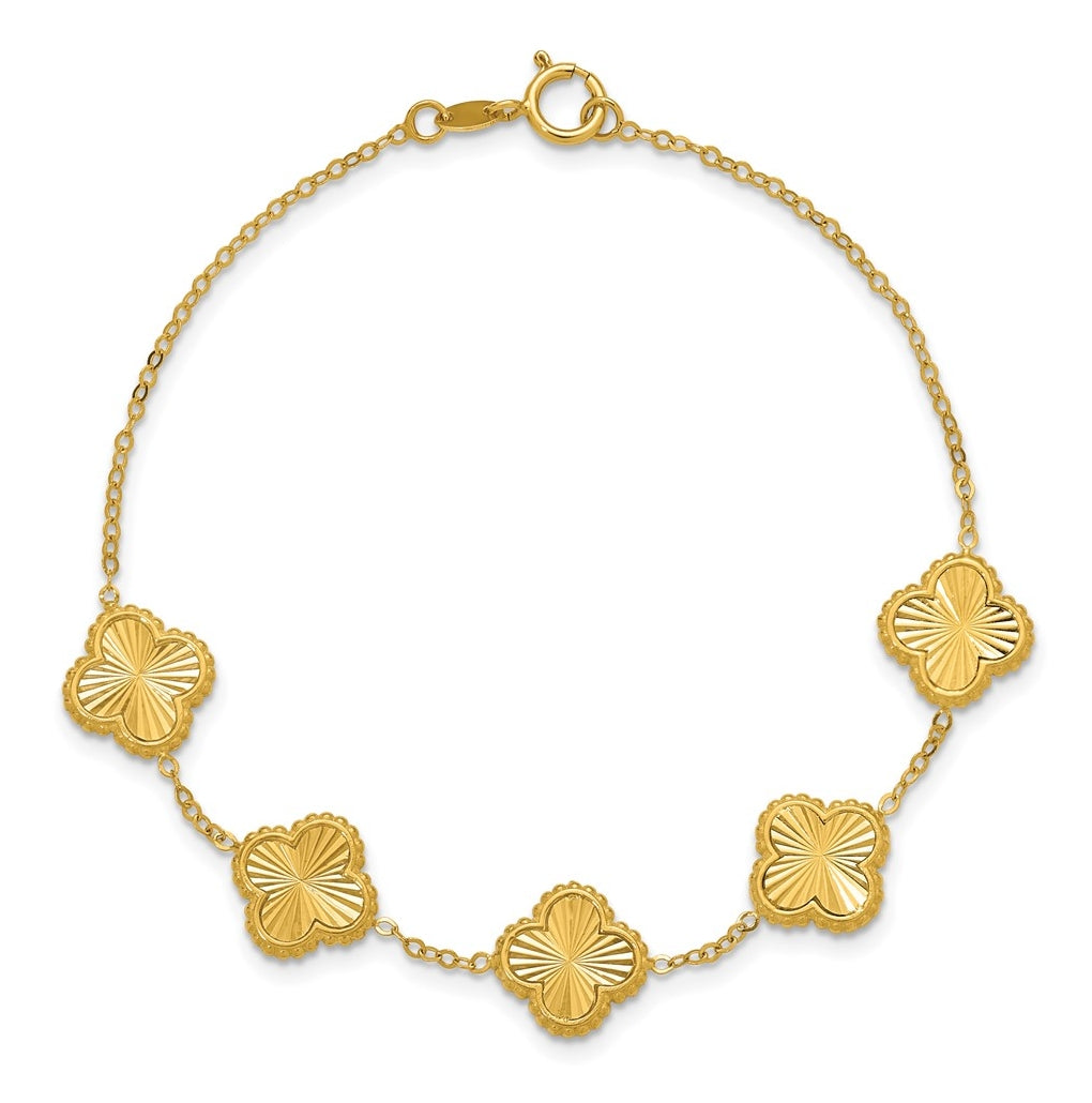 14k Yellow Gold Polished and Diamond-cut Clover Station Bracelet