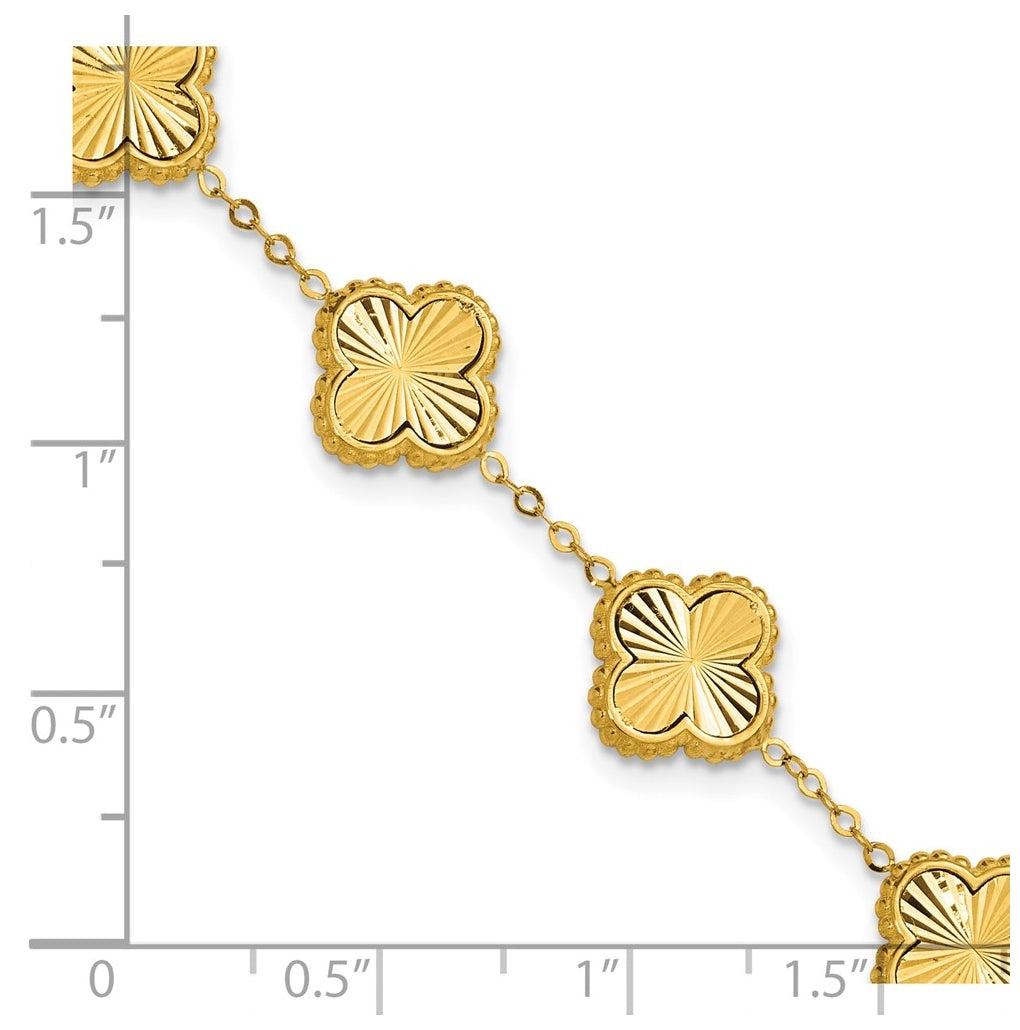 14k Yellow Gold Polished and Diamond-cut Clover Station Bracelet