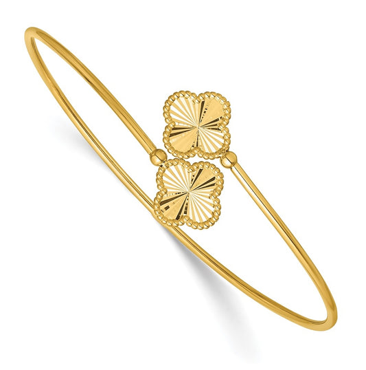 14k Yellow Gold Polished and Diamond-cut Clover Flexible Cuff Bangle