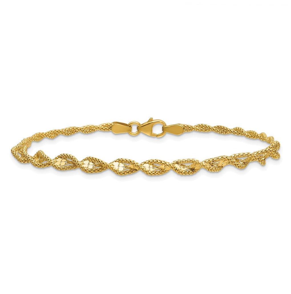 14k Yellow Gold Polished and Diamond-cut Twisted Fancy Bracelet