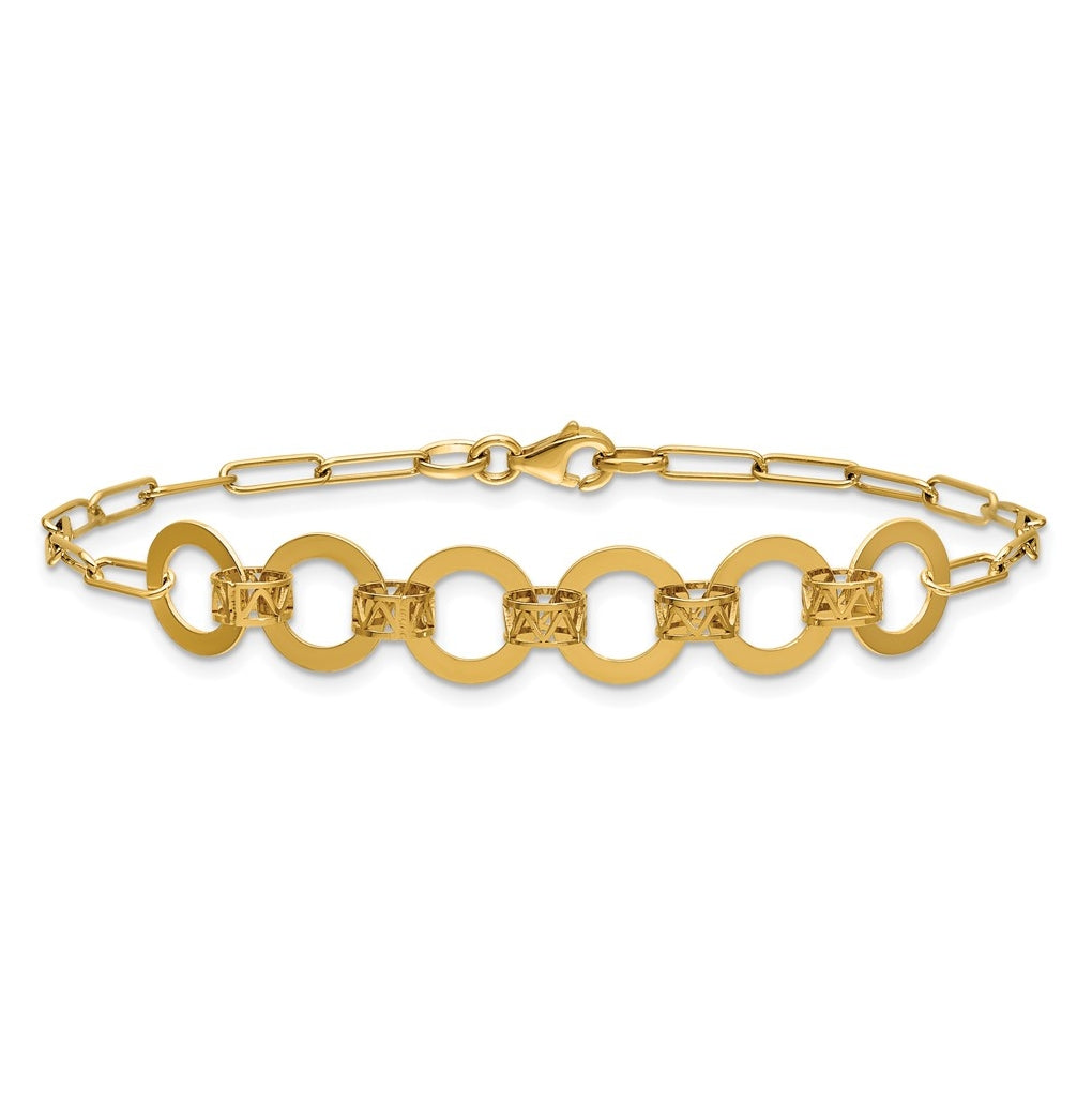 14k Yellow Gold Polished Circles Paperclip Link Bracelet
