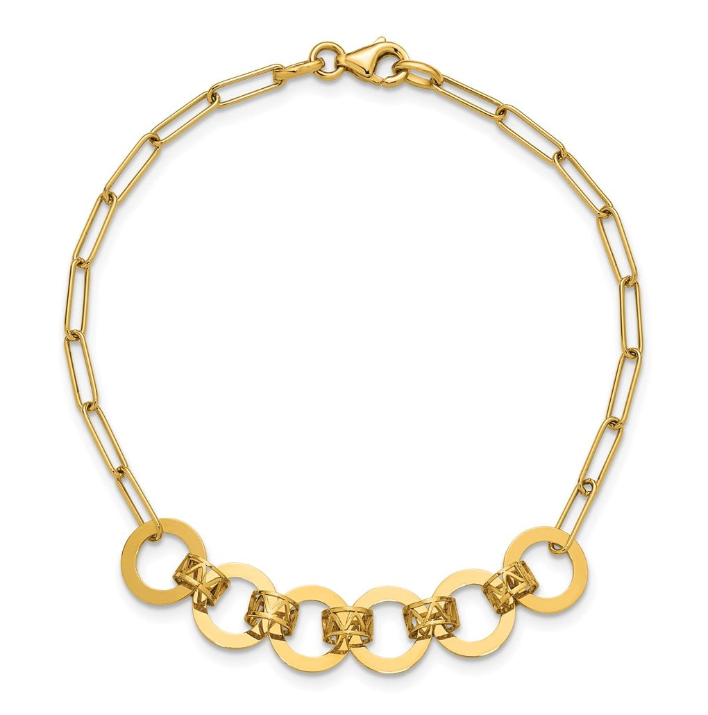 14k Yellow Gold Polished Circles Paperclip Link Bracelet