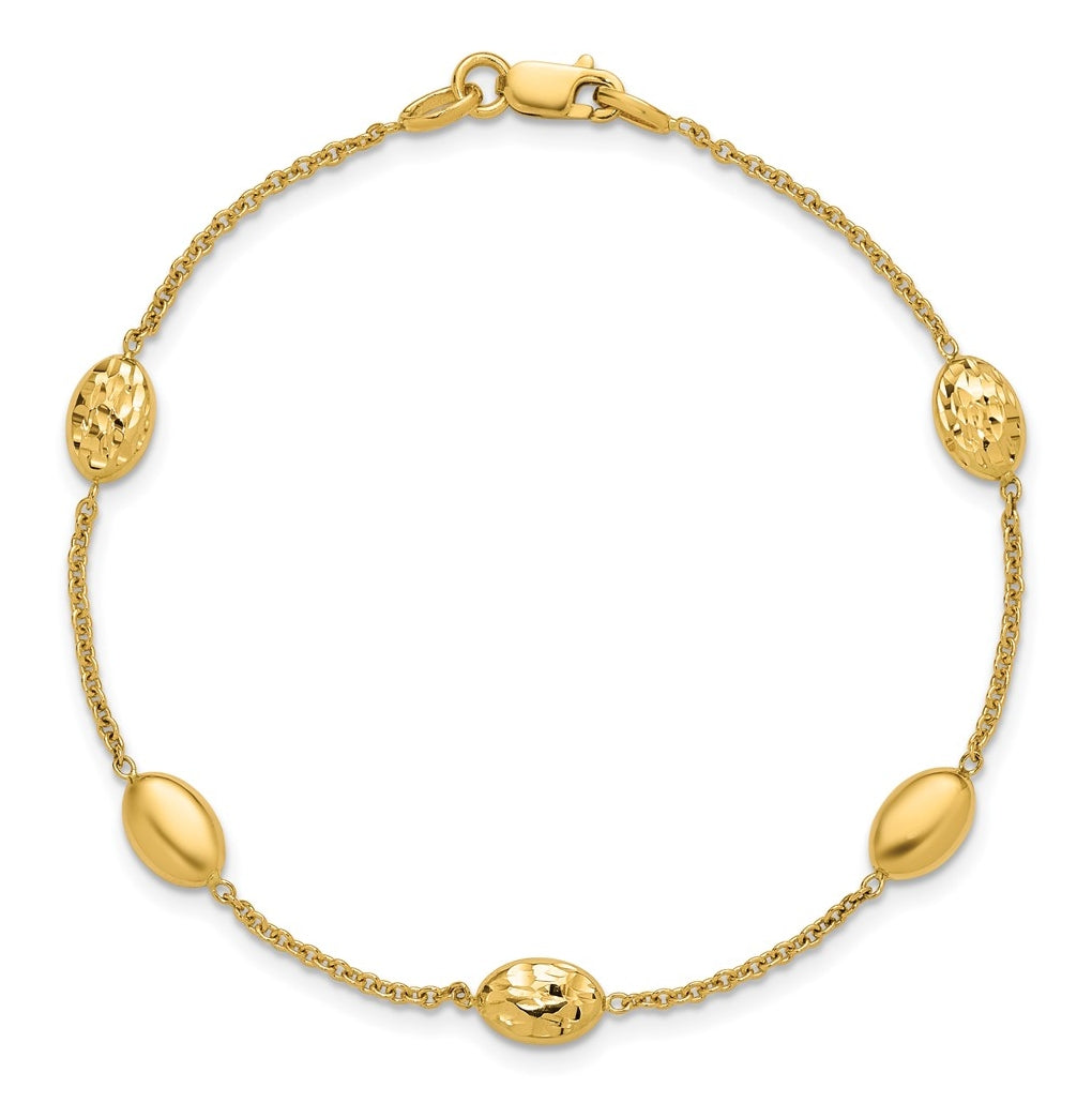 14k Yellow Gold Polished and Dia-cut Oval Station Bracelet